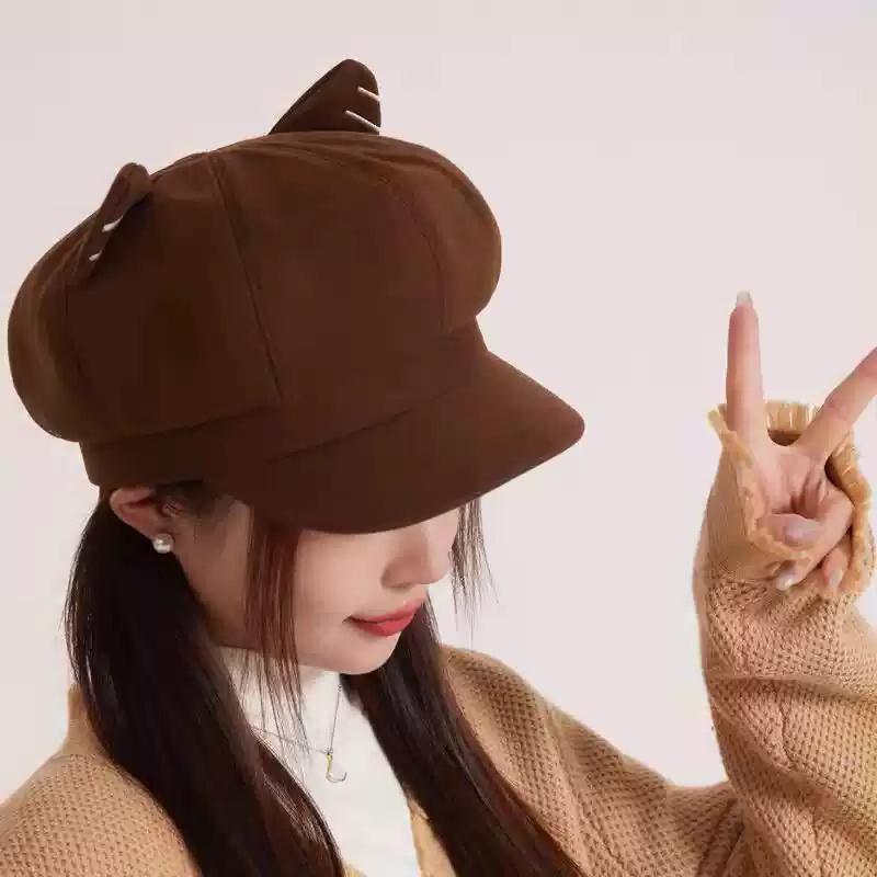 Japanese Style Cute Woolen Cat Ear Beret For Women Autumn And Winter Duckbill Octagonal Hat
