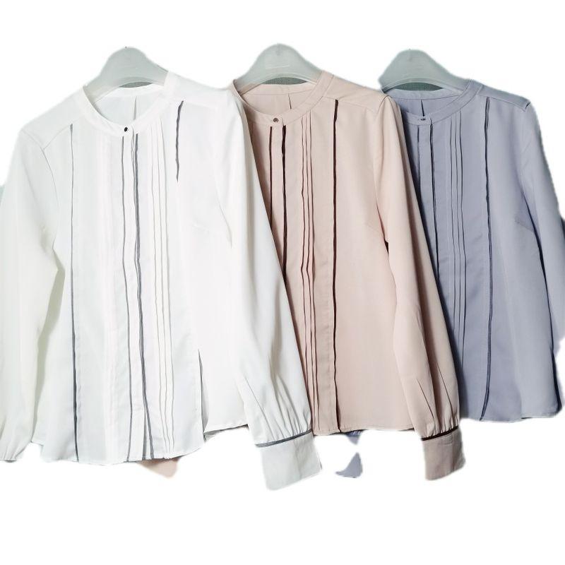 Single Tail Goods Chiffon Round Collar with Dark Button Kaihuai Long Sleeves Shirt Female Pure Color Professional Commute Elegant Bottoming Shirt
