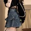 Women's Short Skirt Large Size High Waist Design Denim Skirt Retro Ruffle Wrap Hip Skirt Double Pleated Skirt