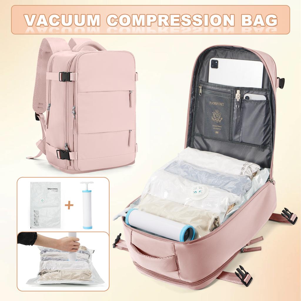 Ryanair 40x25x20 Reise-Rucksack Großes Fassungsvermögen Faltbare Wandertasche mit Vakuumbeuteln Manuelle Kompressionspumpe, Aufbewahrungsrucksack