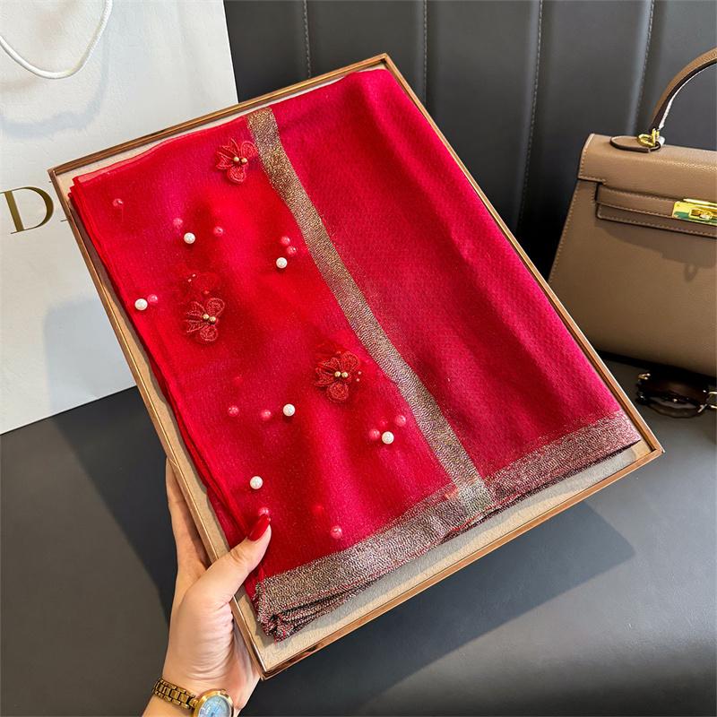 Floral Embroidery Silk Wool Scarf Luxury Women Hijab Female Foulard Pashmina Long Beach Stoles Shawl Wrap Scarves Bandana