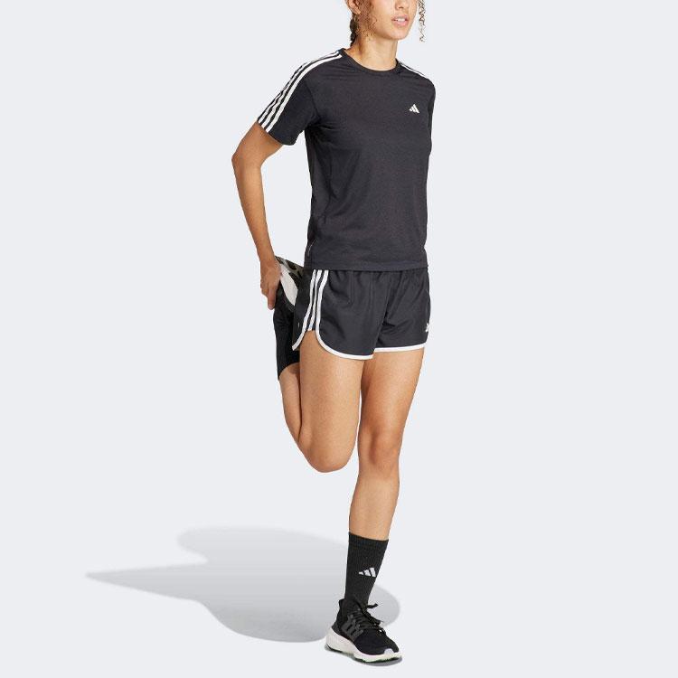 Adidas Three Stripe Color Block Reflective Sports Crew Neck Short Sleeve T-Shirt Women Tops Black IQ3875