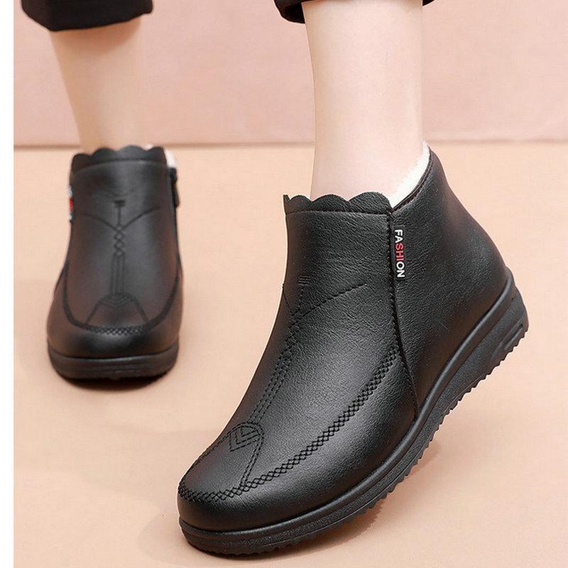 Winter Leather Warm Ankle Boots Woman Casual Non-slip Mom Shoes Middle-aged Bottom Shoes for Woman's Warm Cotton Shoes