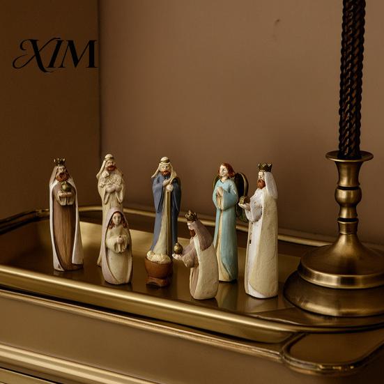 Religious Christmas Table Decor 8 Pcs Resin Nativity Figurines Set, Christian Scene Figures, Gift for Church Tabletop Miniature Statues Holiday