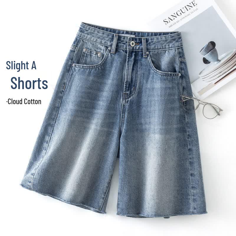 IHIMI Women s Retro Frayed Washed Wide-Leg Denim Bermuda Shorts S