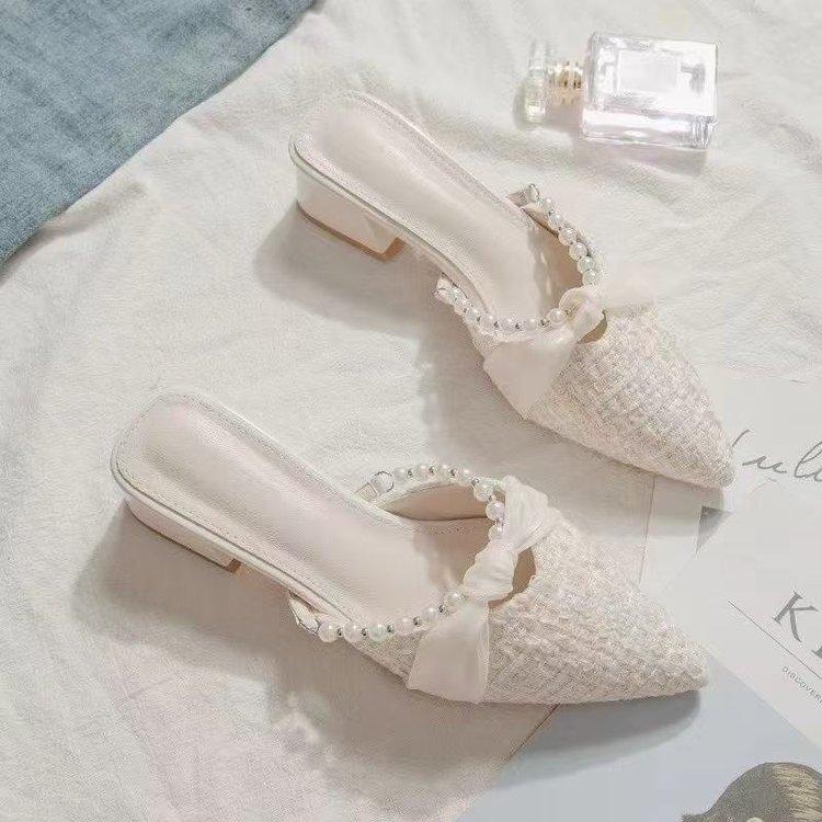 French Thick Heel Bag Head Half Tray Shoes Women's 2025 Spring and Summer New Small Fragrant Pointed Head with Skirt Gentle Half Slippers