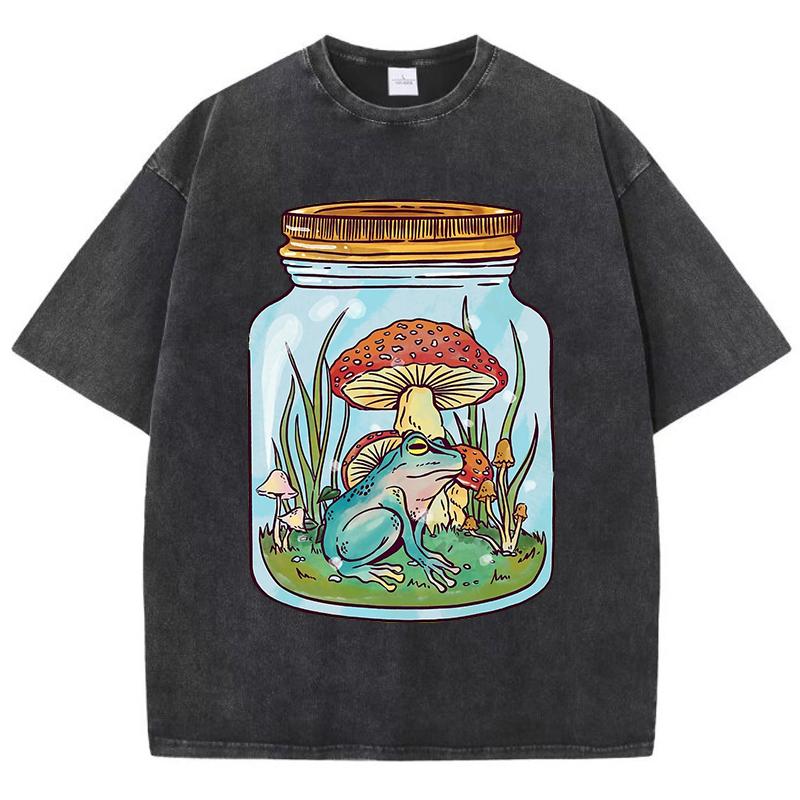 Cute Frog With Mushrooms In Mason Jar Print Women Washed T Shirts Summer Cotton T-Shirt Loose Streetwear Soft Clothes