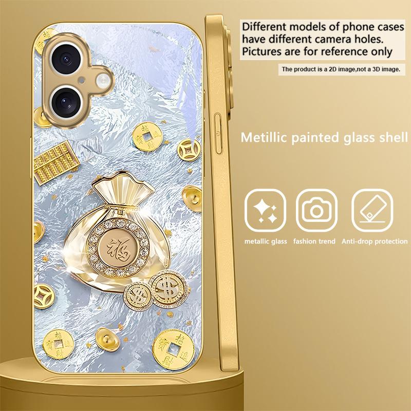 Lucky Bag of Blessings For iPhone 17 Pro Max 16 16E 15 14 13 Plus 12 mini 11 15Pro 17 Air XR X 17ProMax Golden glass phone case