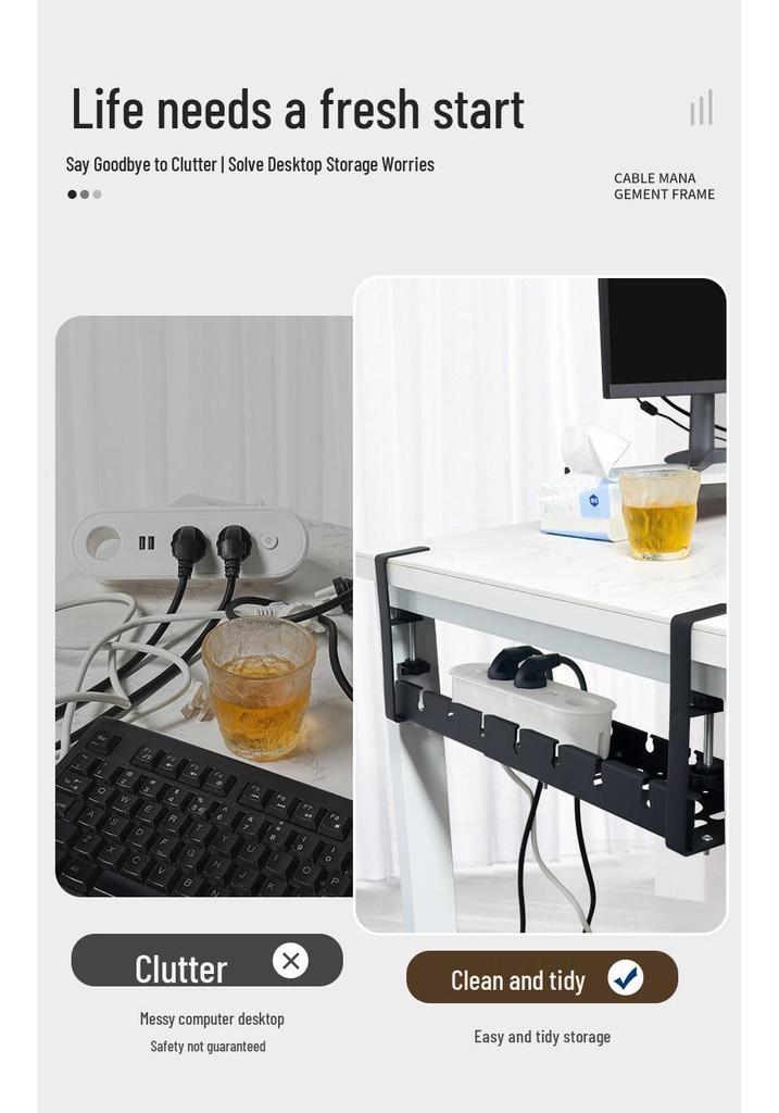 Under-Desk Punch-Free Cable Organizer: Adjustable Storage Rack for Power Strips and Data Cables