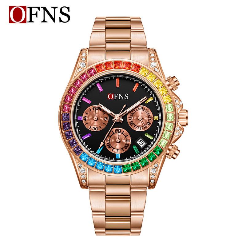 Quartz Luxury Mens Round Imitation Color Diamond Watches Movement Waterproof Men Wristwatches Week Display Male Clock