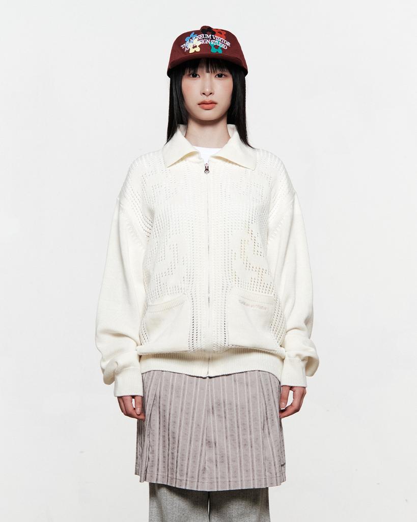 THEMUSEUMVISITOR Openwork Knit Full Zip Up (Ivory)