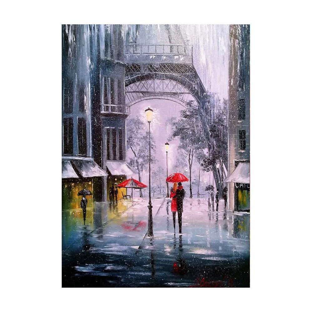 Nordycki Jesienny Deszczowy Pejzaż Plakat Płótno Obraz Olejny Zakochani Spacerujący Obraz Ścienny do Nowoczesnego Salonu Dekoracja Domu