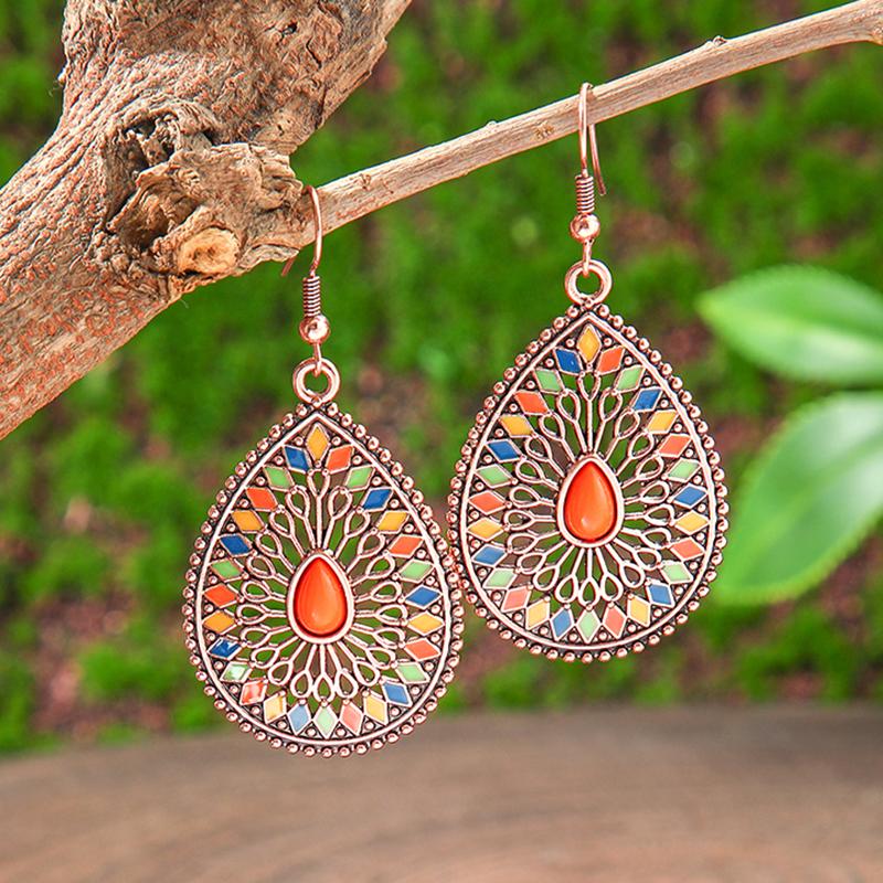 

Ethnic Temperament Water Drop Earrings Necklaces Set for Women Vintage Hollow Drop Glaze Tassel Necklace Boho Female Jewelry