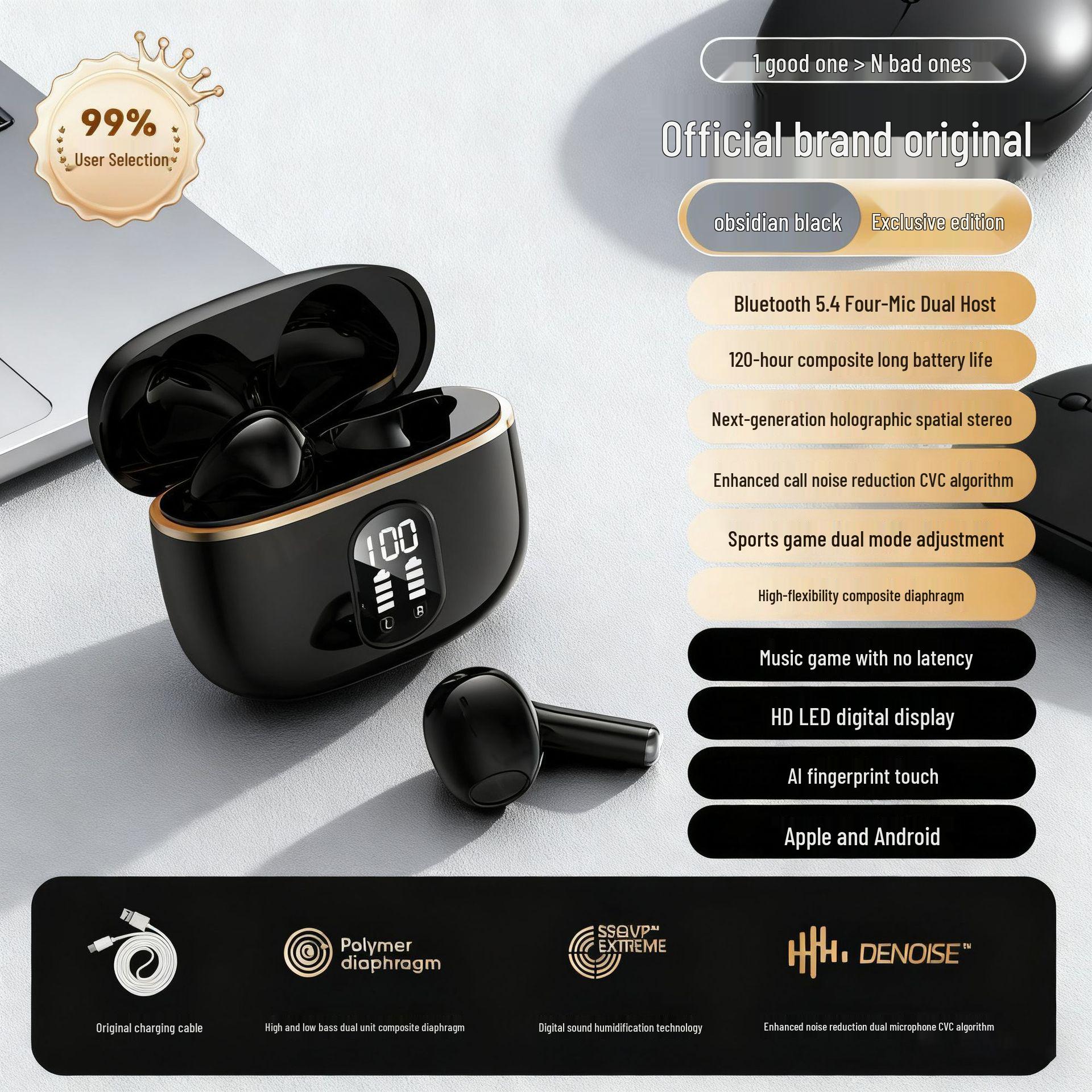 

Беспроводные Bluetooth-наушники с шумоподавлением для обоих ушей для Huawei, Apple, Xiaomi, Vivo, OPPO. Standard 9D Stereo Sound + Standard Battery