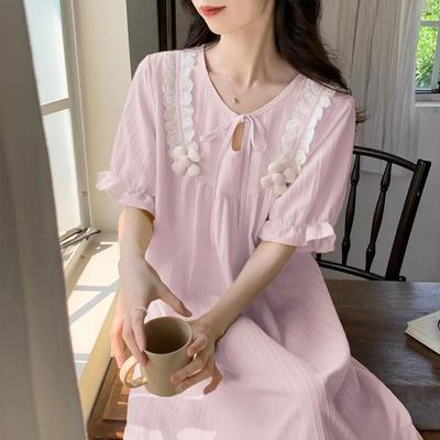 Kawaii Kleidung Nachtwäsche Frauen Sommer Baumwolle Nachthemd Kurzarm Kleider Rüschen Loungewear Homewear Lose Pyjamas