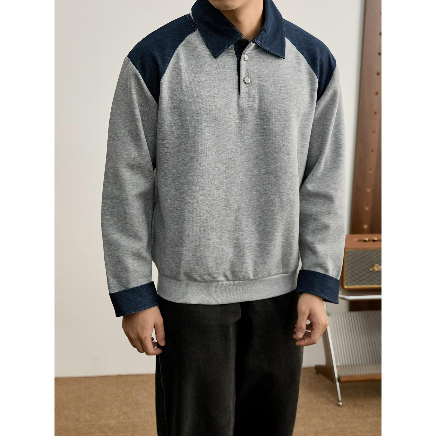 

Men s Edgy Lapel Patchwork Hoodie POLO Shirt - Autumn Long-Sleeved Stylish Base Layer Medium сірий колір