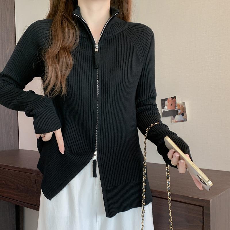Autumn and winter double zipper stand-up neck sweater jacket women's shoulder knitted sweater