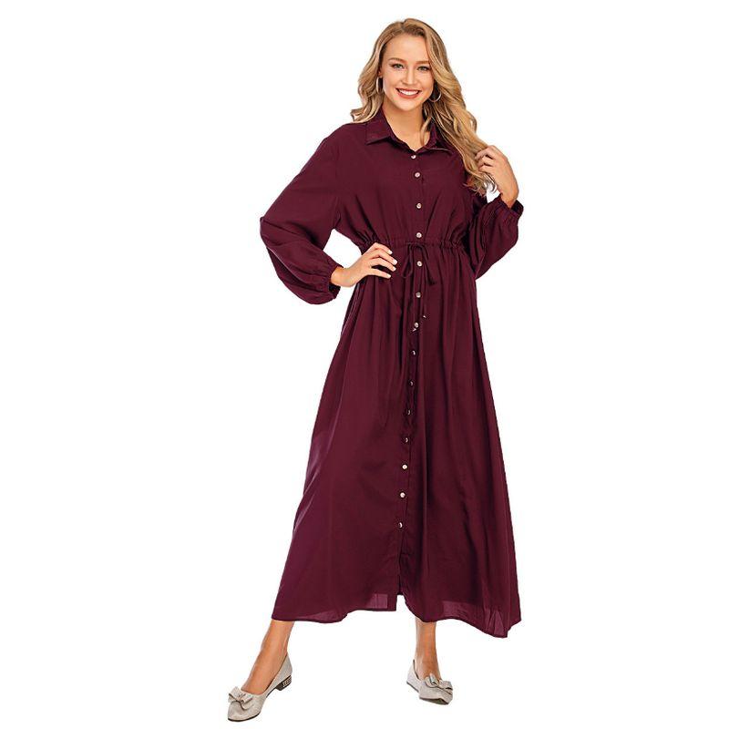 

2020 New Fashion Lapel Solid Color Button Slim Waist Dress Dark red M
