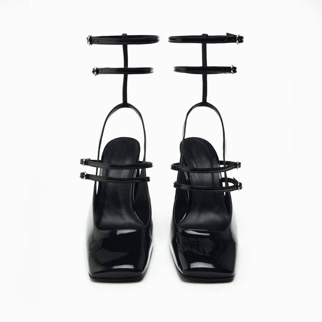 2025 spring new product black ankle strap patent leather thick heel bag head sandals square head single shoes women's Mary Jane high heels