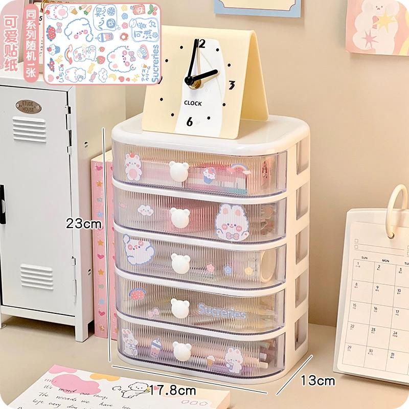 Desktop Storage Box Student Stationery Desk Multi-layer Organizer Clear Drawer with Cute Stickers Accessories Organizer Rack