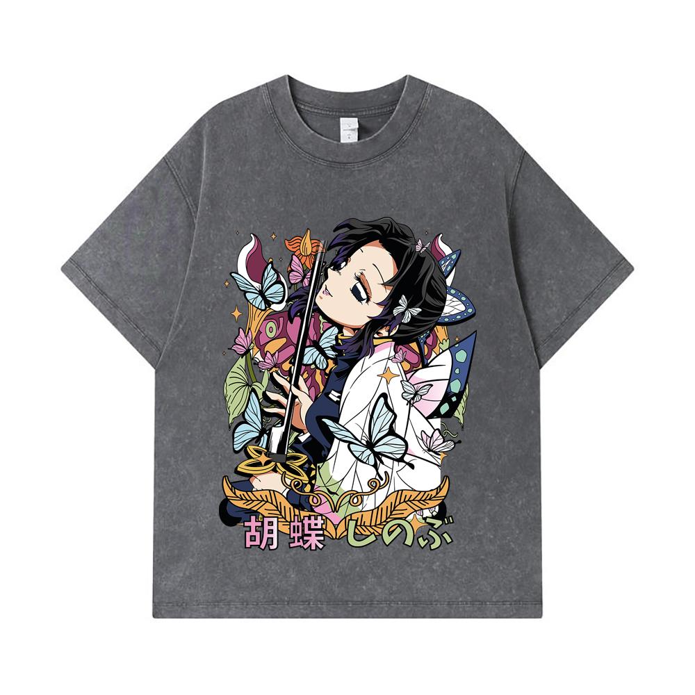 275 GSM Washed T-shirts 100% Cotton Demon Slayer V104 Shinobu Flower Print Unisex Heavy Cotton T Shirt