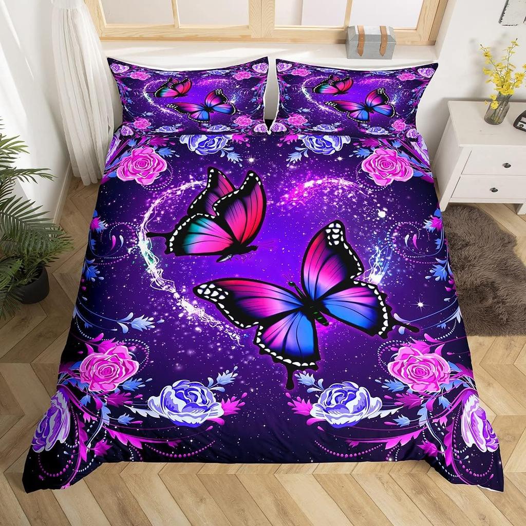 Comforter Butterfly Twin King Romantic Rose Flower Bedding Set 3Pcs For Boys Girls Room Botanical Floral Comforter