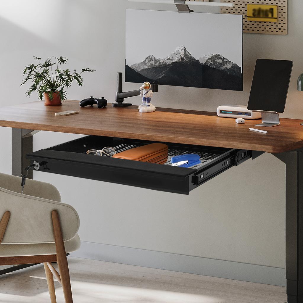 Under Desk Storage Drawer, Black Iron Pull-Out Organizer Tray with Lock & Key, - 4.4 lbs Capacity, Space Saving, Easy Install