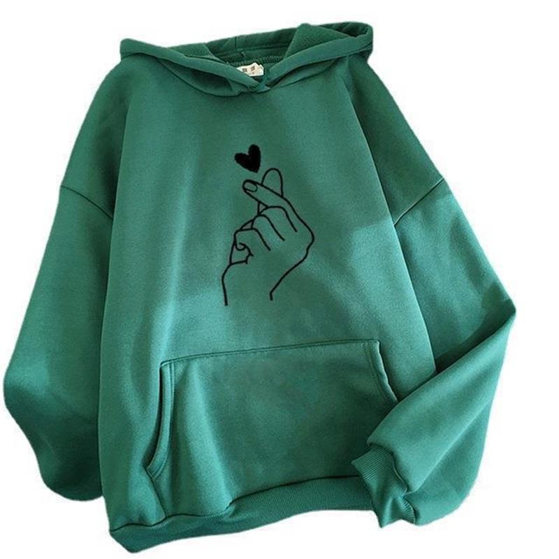 Love Heart Print Hoodie Casual Fleece Lined Pullover Sweatshirt
