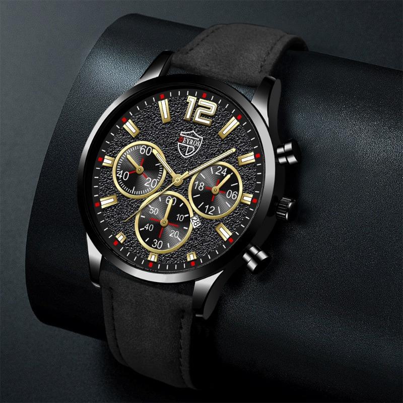 2PCS Set DEYROS Fashion Men's Watch Luxury Men's Leather Strap Calendar Watch Casual Men's Leather Quartz Watch Men's Gifts