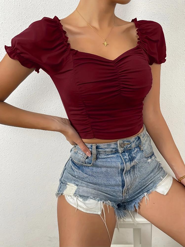 Summer Women's Square Neck T-shirt Fashion Slim Short-sleeved Short Tops Pleated Design Pure Color T-Shirt