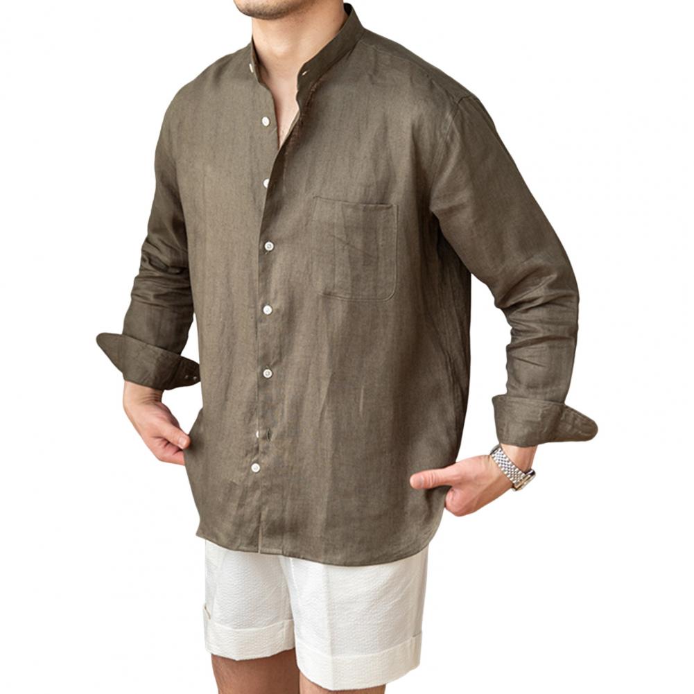 Spring Fall Men Shirt Stand Collar Single-breasted Long Sleeves Buttons Solid Color Cardigan Formal Business Style Office Top