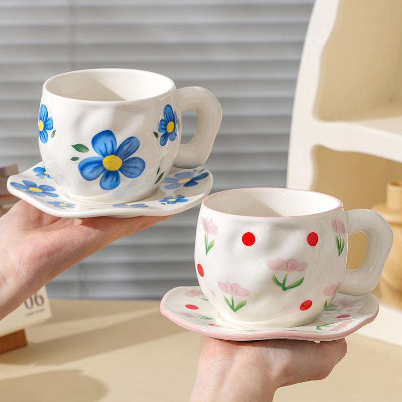 Korean ins style, hand-painted flower handmade ceramic coffee cup, ceramic milk coffee cup and saucer set