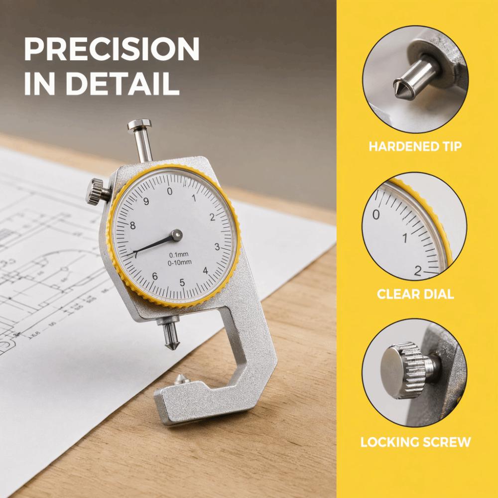 Pointed Head Thickness Gauge 0-10mm Range Measuring Tool Dial Thickness Gauge For Leathercraft