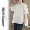 JoccKorr Short Round Side Solid Plus Sizes Loose Everyday Women's T-Shirt, Blouse, Sleeve, Collar, Cotton-Linen, Embroidered, Slit, Color,