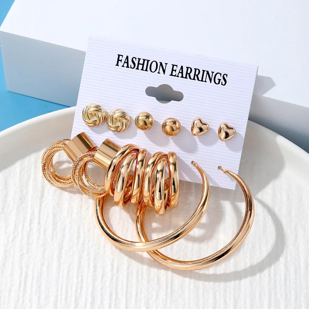 6Pairs Boho Big Circle Hoop Earring Set for Women, Gold Color Bohemia Vintage Pearl Earring Jewelry Gifts