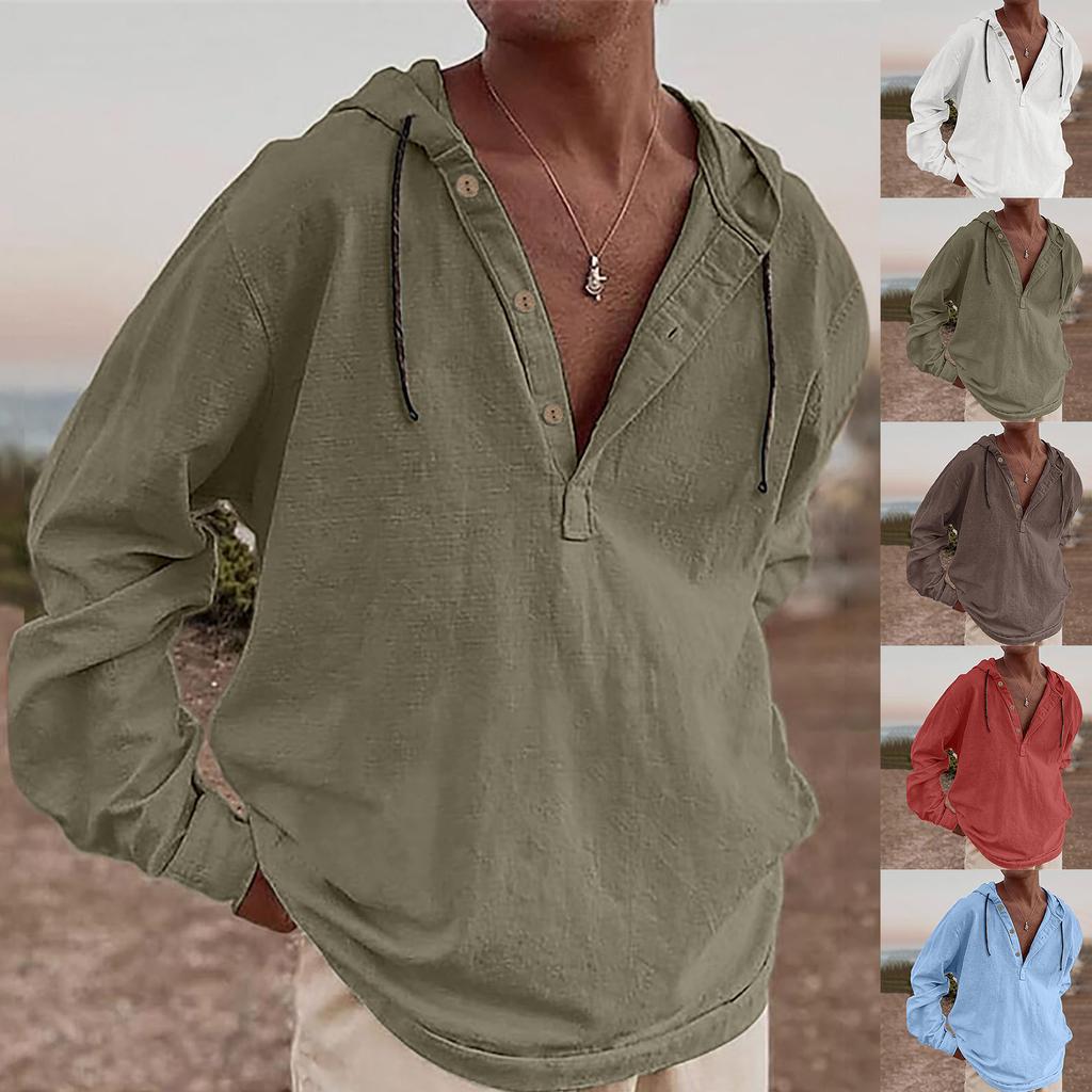 Men's Long Sleeve Tops Fashion V Neck Button Up Hoodie 2025 Casual Fit Hooded Pullover Tops Spring Fall Clothes