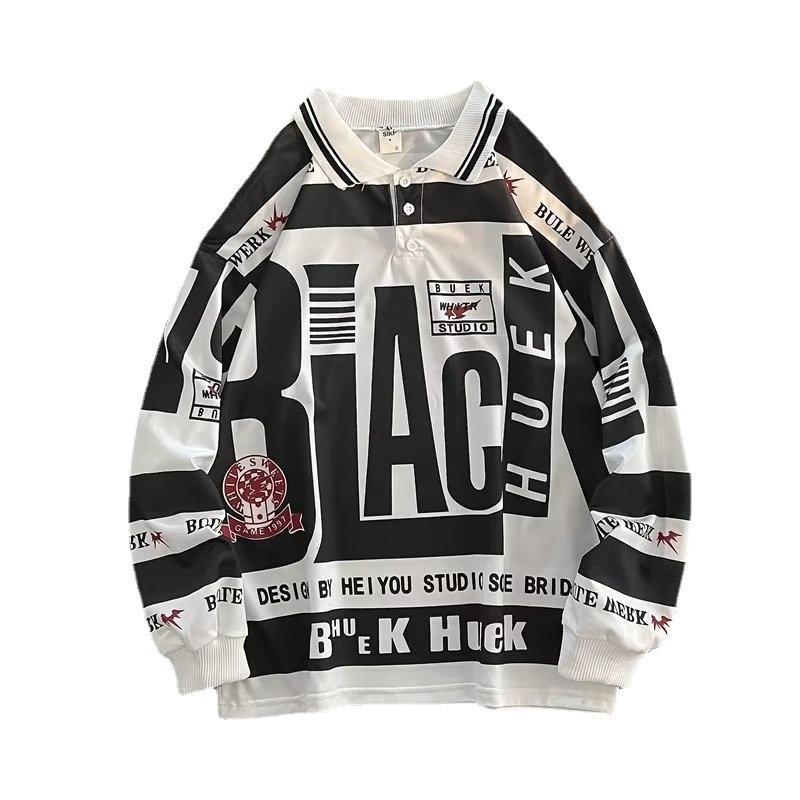 American High Street Polo Neck Sweater Men'S Spring New Thin Niche Retro Hiphop Long-Sleeved Top