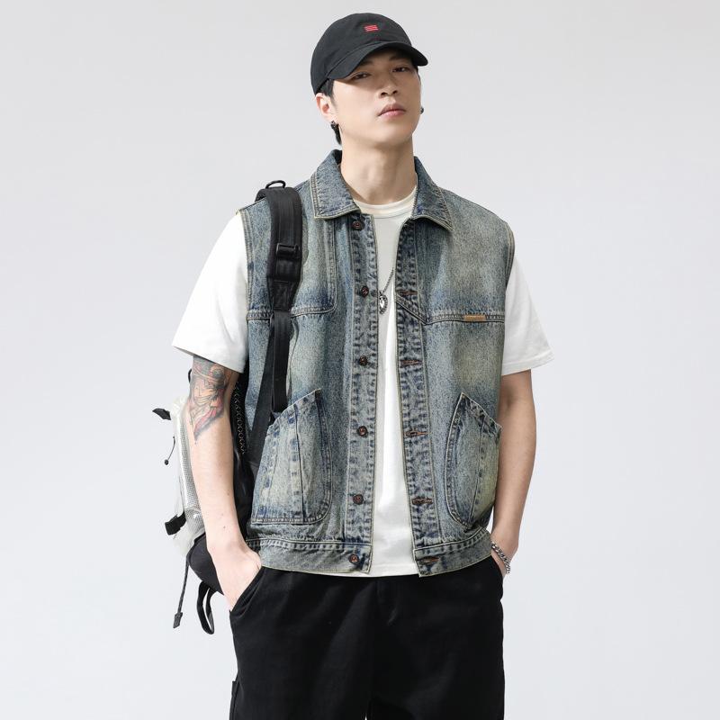 Hong Kong Style Retro Waistcoat Vest Men's Spring New Korean Style Casual Handsome Versatile Sleeveless Denim Jacket