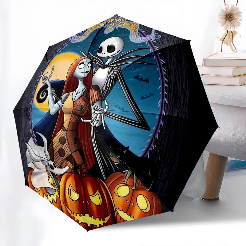 Ombrello Pieghevole Automatico Jack Skellington e Sally - Design Pieghevole Rinforzato a 8 stecche, Leggero e Portatile, Adatto per l'Uso Quotidiano