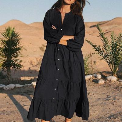 Damenmode Frühling Herbst Einfarbig Druck Langarm V-Ausschnitt Lockere Taille Freizeitkleider