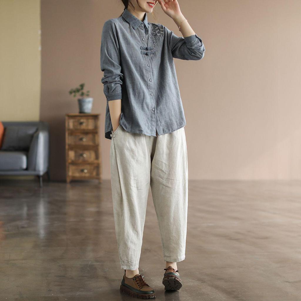 Women's Chinese-Style Embroidered Houndstooth Frog Button Top - Retro Ethnic Cotton Linen Shirt for Autumn/Spring 2025.