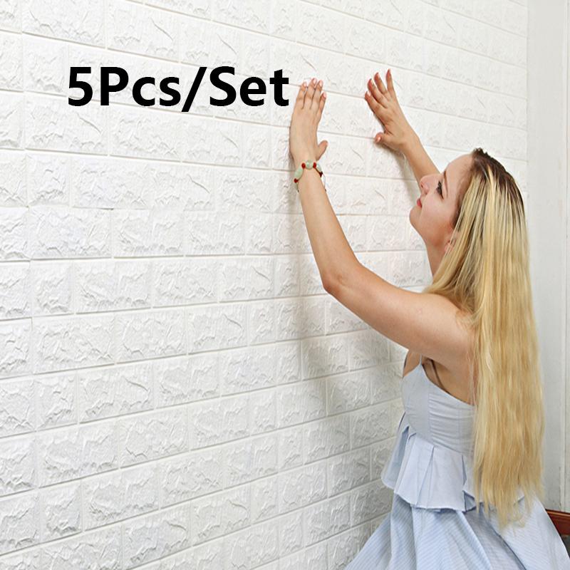 3D Soft Foam Brick Wallpaper Sticker Roll DIY Self Adhesive Living Room Home Kitchen Bathroom Decorative Wall Paper White Blue