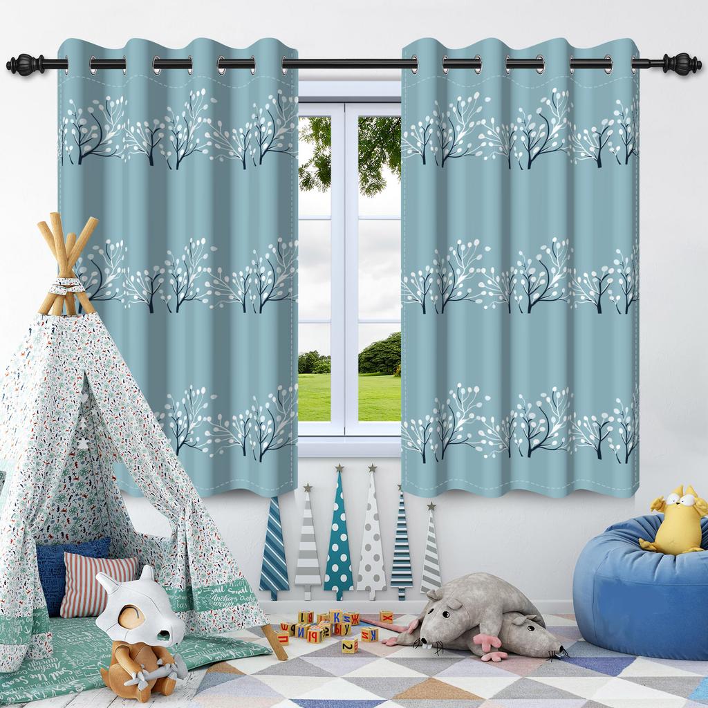 2pcs Plants Leaf Flowers Blue Blackout Curtains Home Bedroom Living Room Darkening Apartment Decoration Grommet Window Drapes