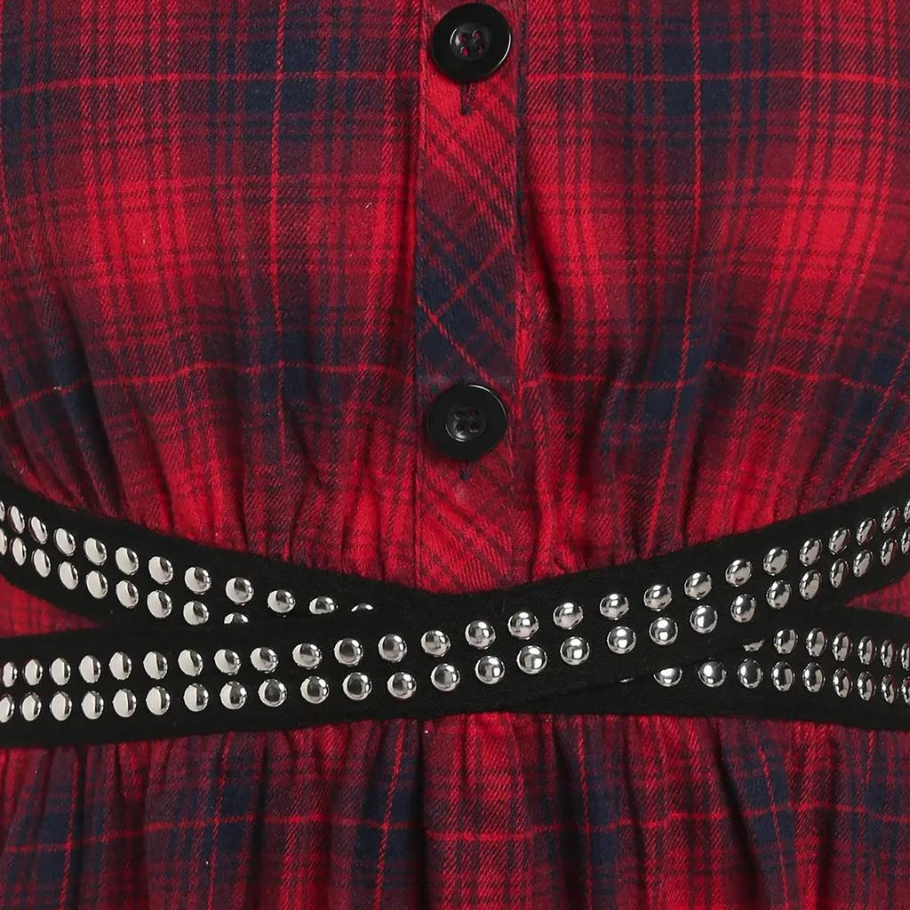 Women Fashion Casual Plaid Printed Long Sleeve Mid Length Belted Lapel Lace Dress