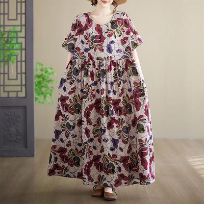 Short Sleeve Plus Size Vintage Floral New In Dresses for Women Casual Loose Maxi Long Summer Dress