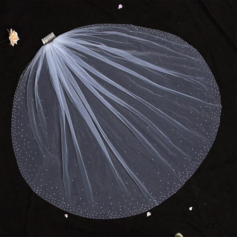 1 Tier Wedding Bridal Veil with Comb Sparkling Rhinestones Adornment Short Fingertip Length Cut Edge Tulle Veil