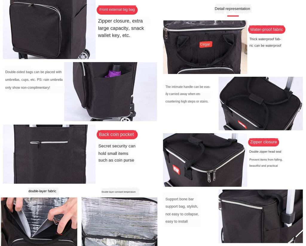 Falytemow Foldable Utility Cart with Insulated Foldable Reusable Shopping Trolley Bag with Wheels and Telescoping Waterproof Oxford Fabric Foldable