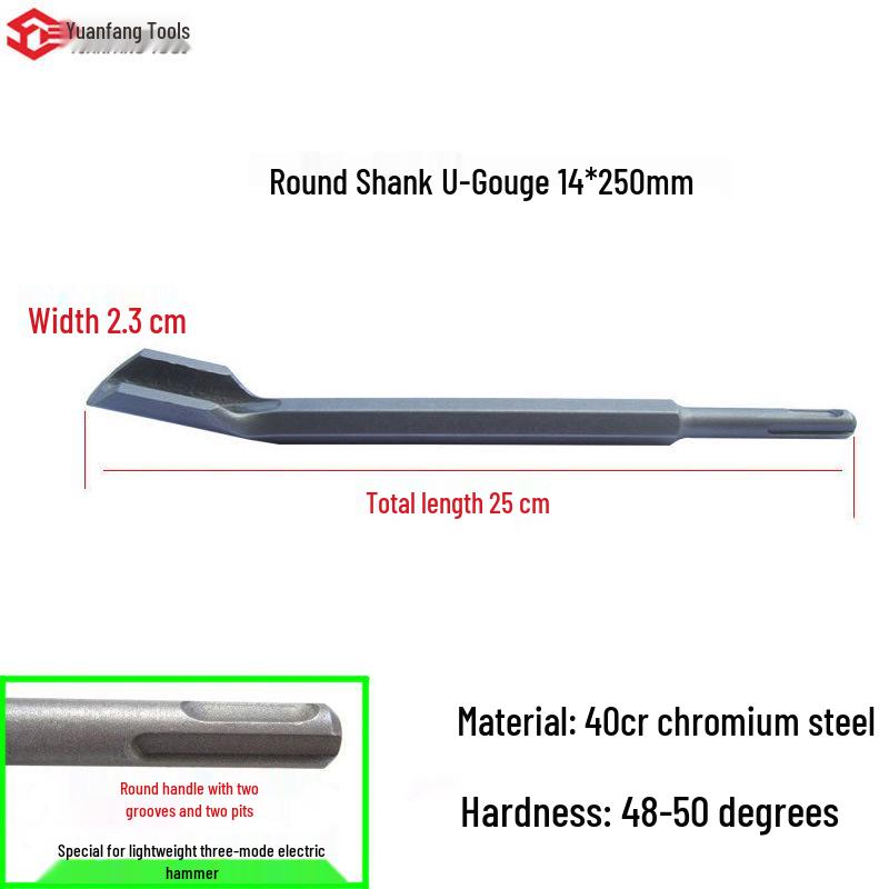 Electric Hammer Drill Set: Square/Round Shank with Pointed, Flat, U-shaped Chisels, Pick Head, Shovel, and Slotting Through-wall Drill.