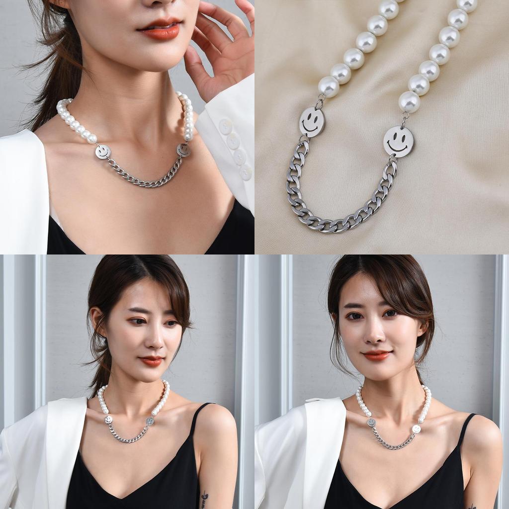 Stylish Titanium Steel Pearl Necklace With Double Smiley Face Design For Men And Women