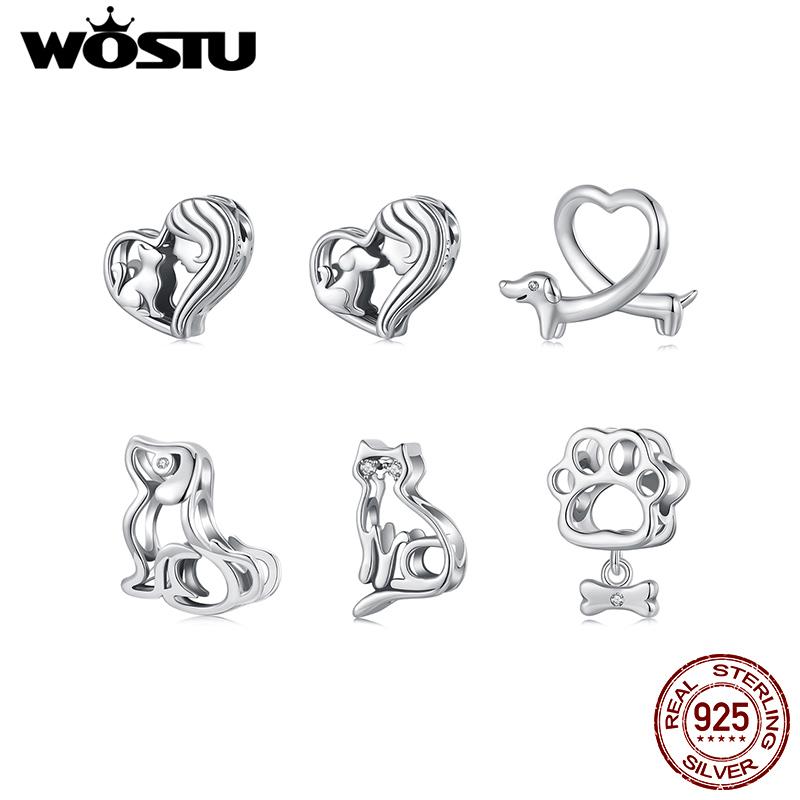 WOSTU 925 Sterling Silver Hollow Cat Dog Charms Bead Cute Pet Paw Dachshund Pendant Fit Original Bracelet Neckalce DIY Girl Gift
